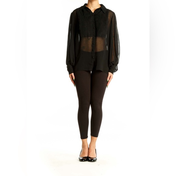 Black Sheer Pleated Button-Up‎ Blouse-XS - Picture 2 of 8